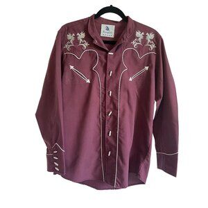 Ranger's Men's Embroidered Button Western Shirt S Maroon Poly/Cotton Cowboy